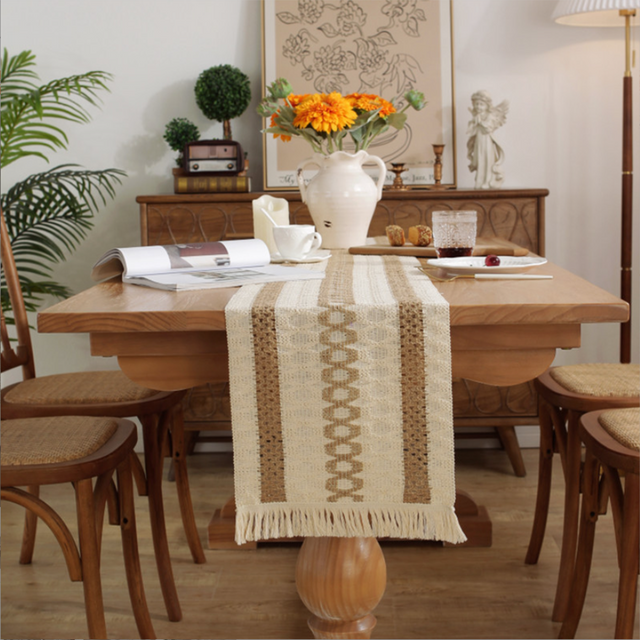 table runner draped over a wooden table