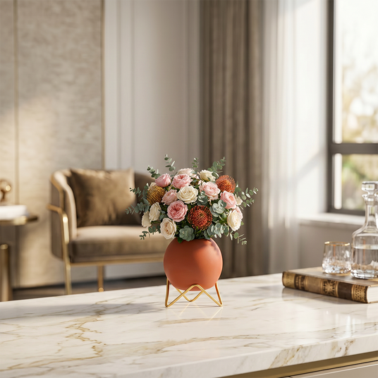 terracotta spherical vase with roses on marble table