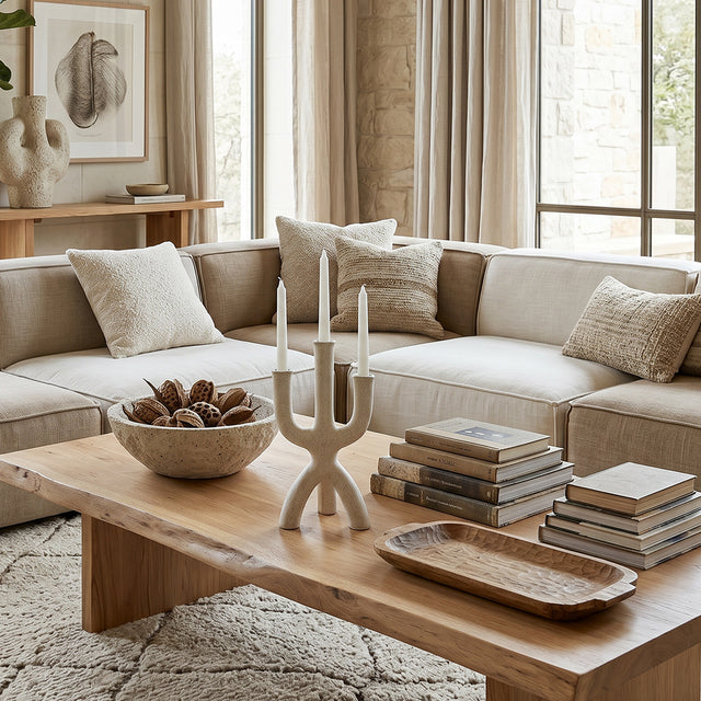 textured candle holder on wooden coffee table