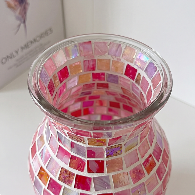 top down view of pink mosaic vase opening