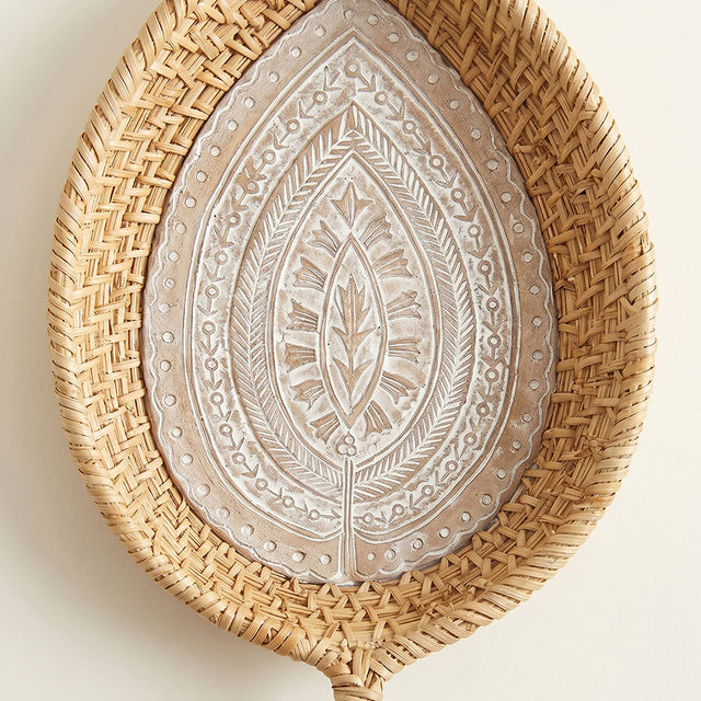 top view of rattan tray carved leaf pattern