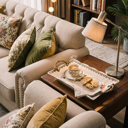 tray on coffee table sofa