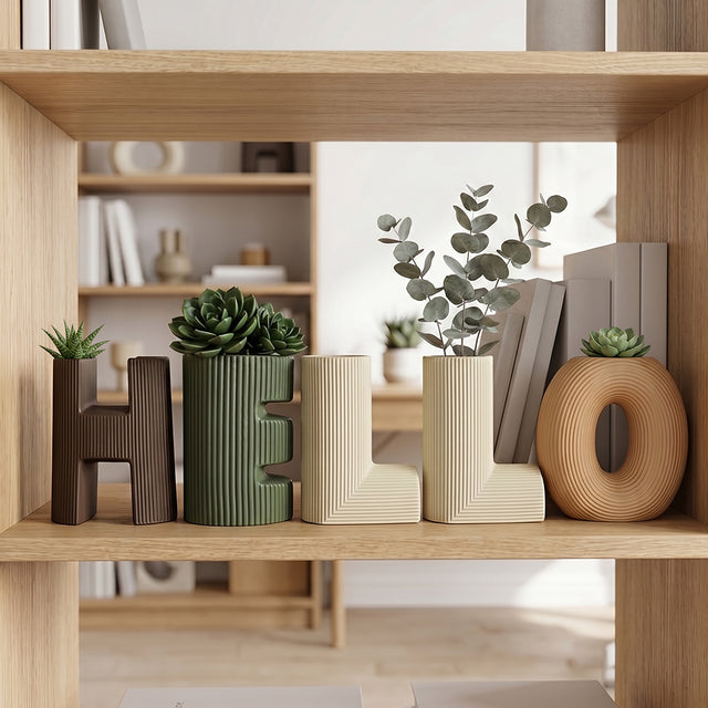vase on shelf with plants and books