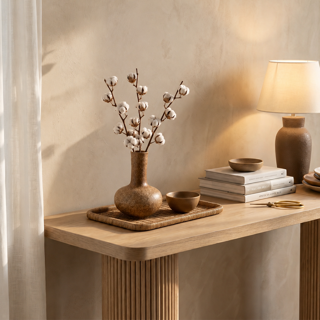 vase on wooden table with lamp