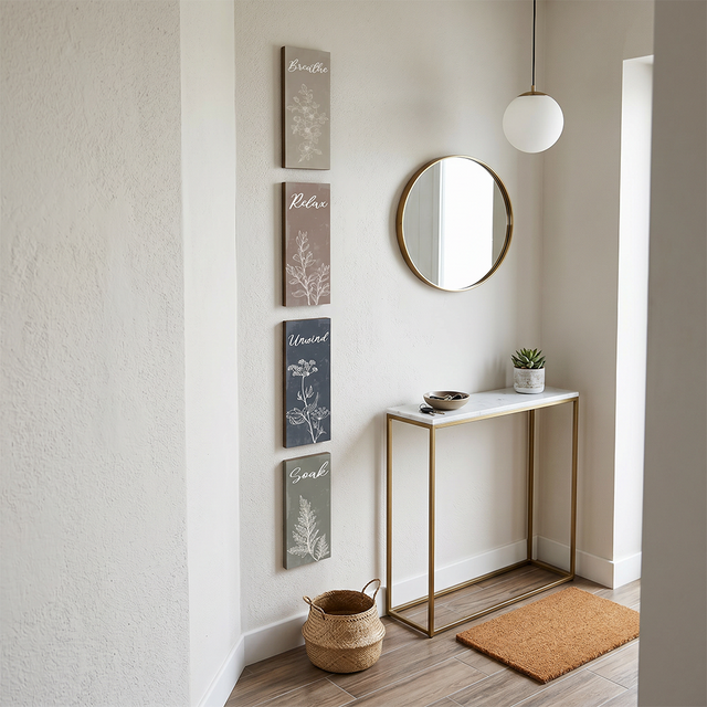 vertical botanical signs hanging in entryway