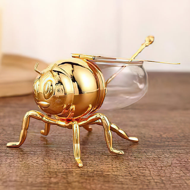 vintage bee themed honey jar with spoon details