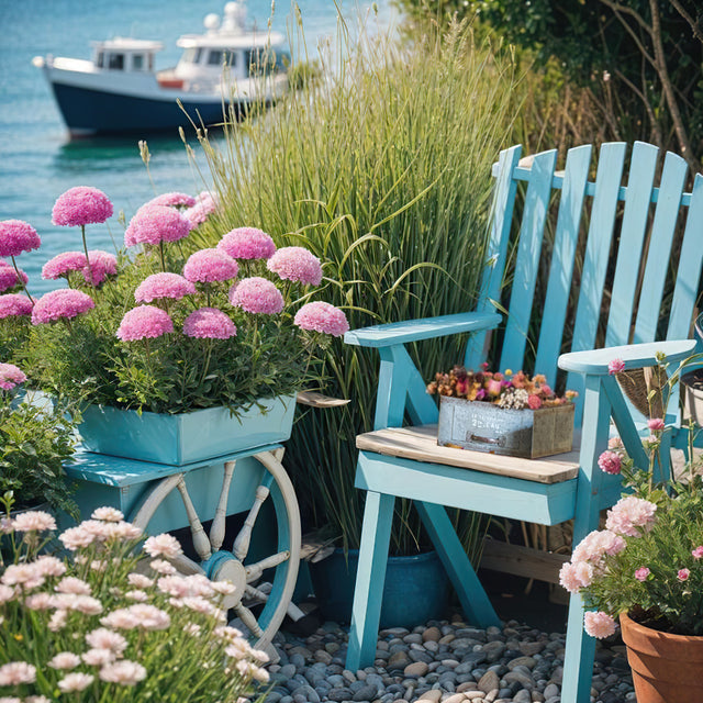 vintage blue iron drawer style flower pot in the garden