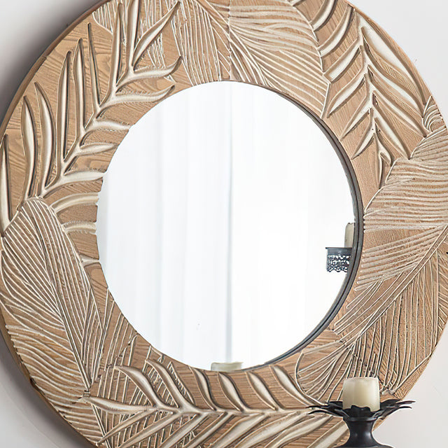 vintage carved wooden round mirror details