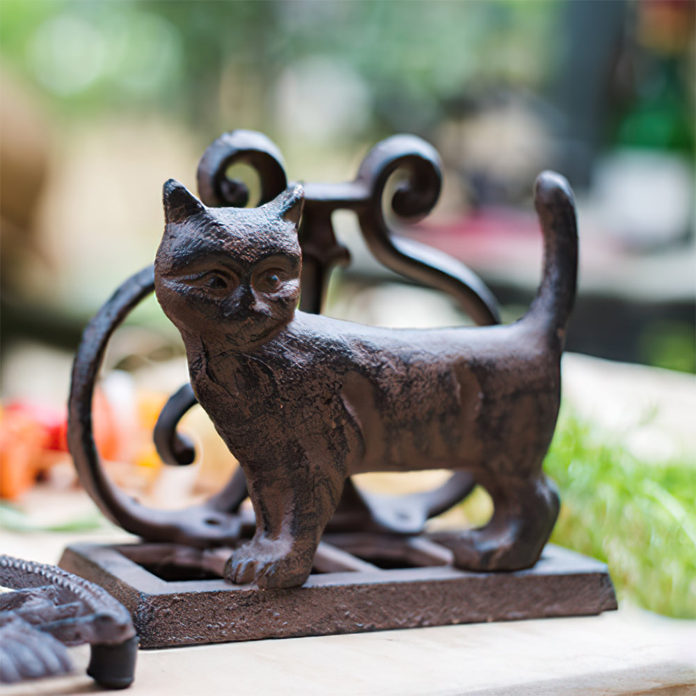 vintage cast iron brown cat shaped napkin holder cookbook stand and bookend details
