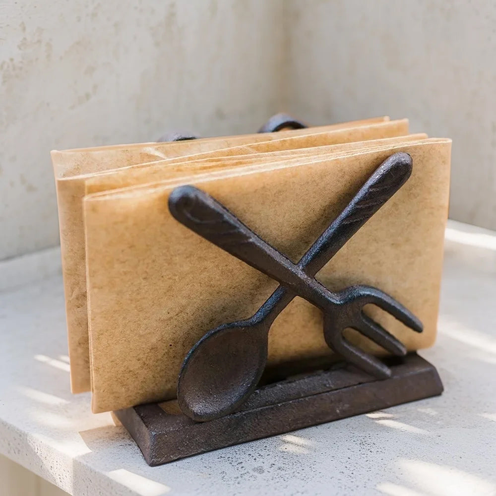 vintage cast iron brown fork knife shaped napkin holder