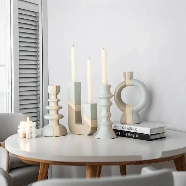 vintage ceramic bicolor decorative candle holders on the side table