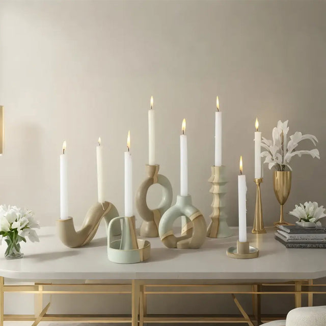 vintage ceramic bicolor decorative candle holders on the table