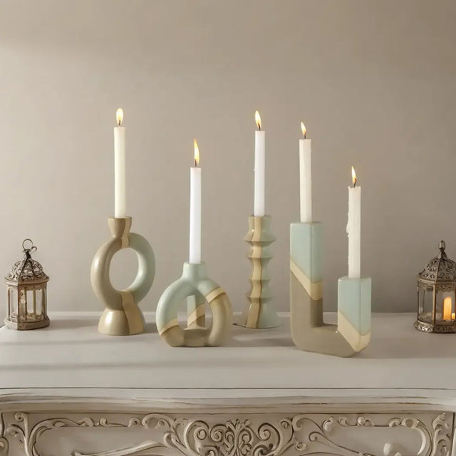 vintage ceramic bicolor decorative candle holders on the table