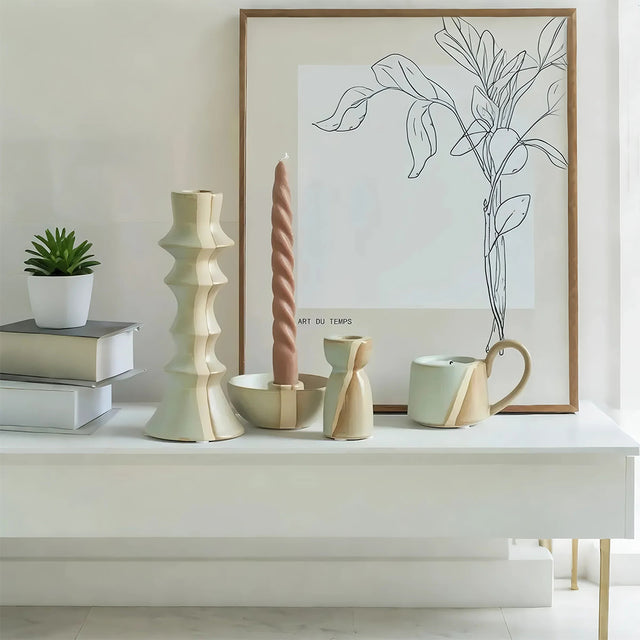 vintage ceramic bicolor decorative candle holders on the table