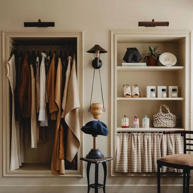 vintage dual tone wooden texture hat display stand in the cloakroom