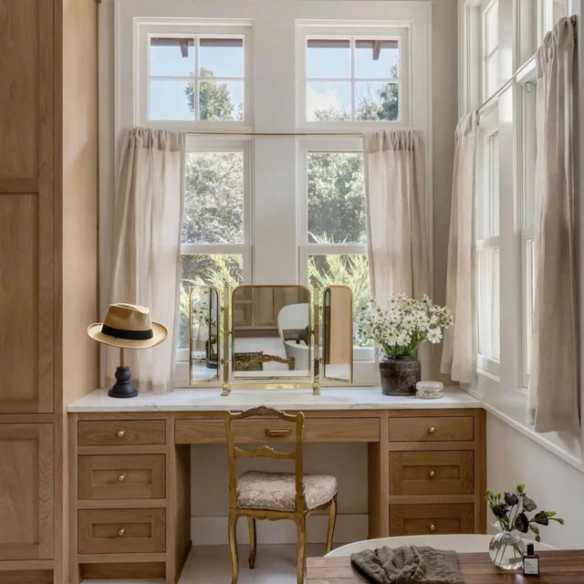 vintage dual tone wooden texture hat display stand on the table