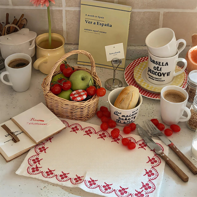 vintage floral embroidered cotton table linens placemats with food