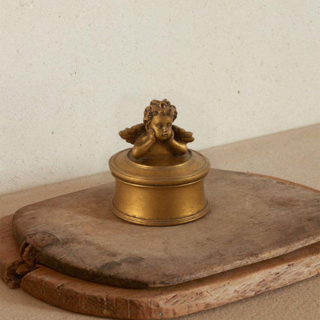 vintage gold round resin cherub trinket box