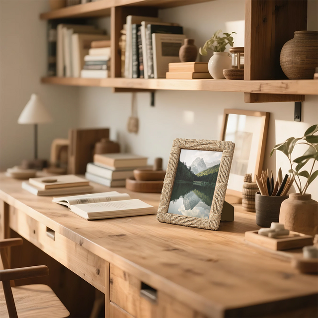 vintage handwoven jute rope photo frame in the study room