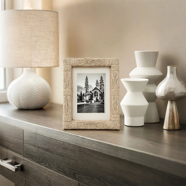 vintage handwoven jute rope photo frame on the desktop
