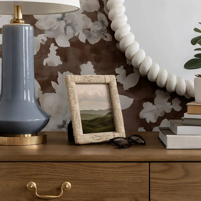 vintage handwoven jute rope photo frame on the desktop