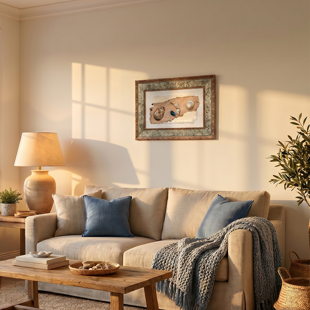 vintage shell art above beige sofa in sunlit room