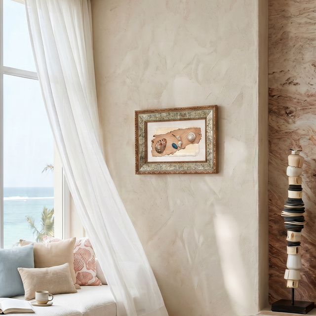 vintage shell art on beige wall with curtains