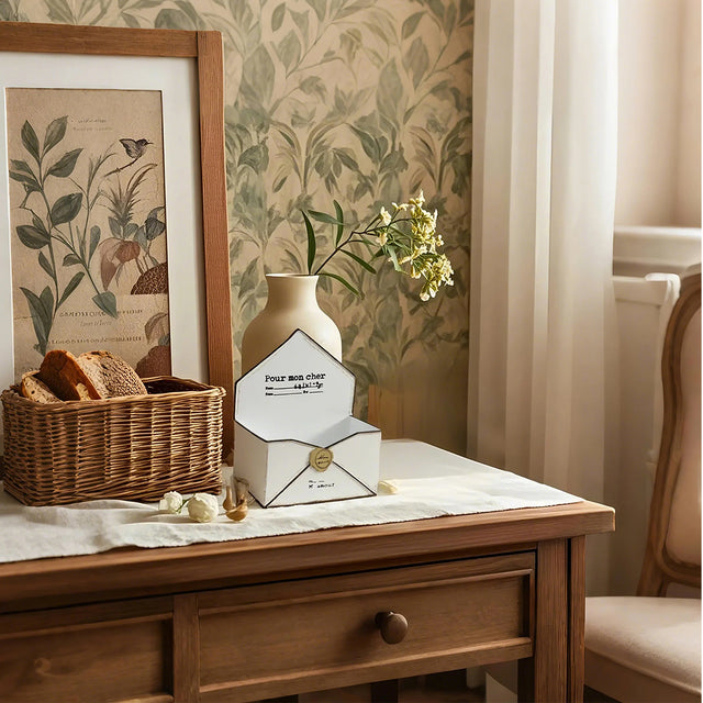 vintage white envelop planter on the table