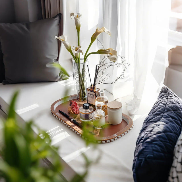 vintage wooden oval decorative storage tray in the living room