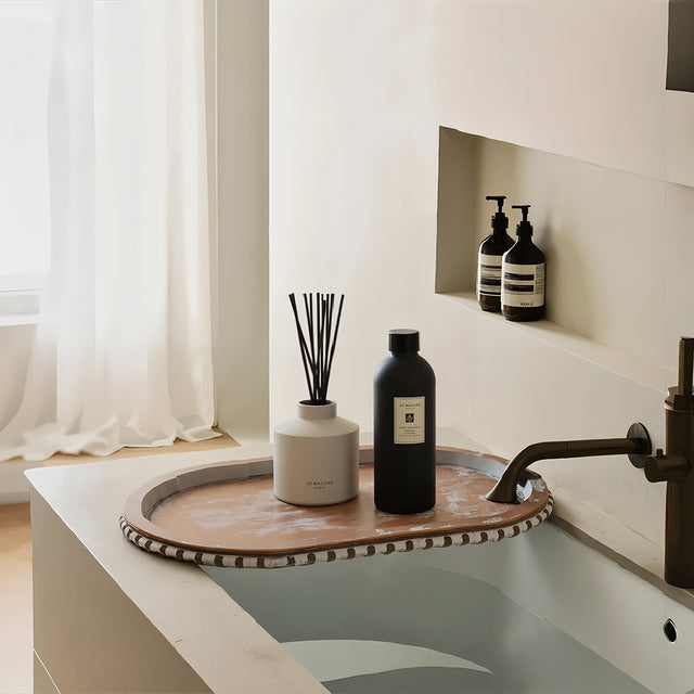 vintage wooden oval decorative storage tray place toiletries in the bathroom