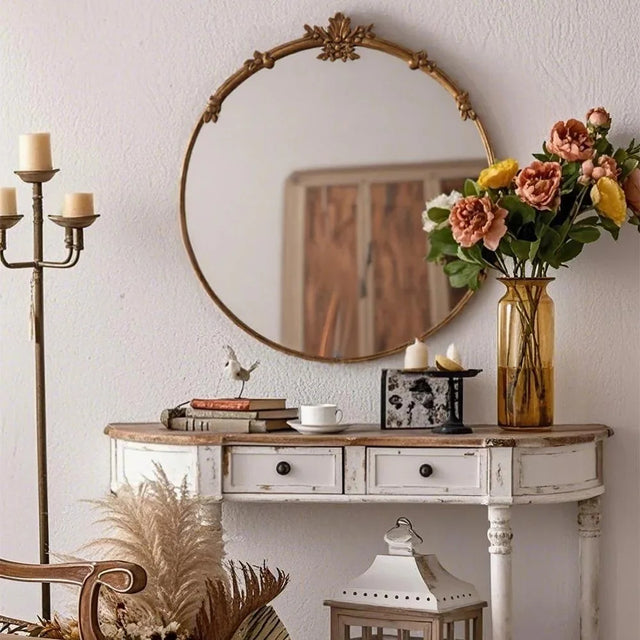 wall-mounted baroque brass round mirror