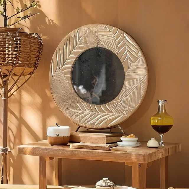 wall-mounted vintage carved wooden round mirror