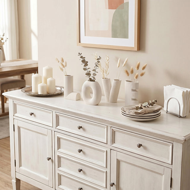 white LOVE vases on sideboard
