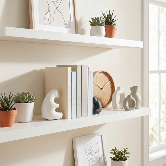 white bear bookends on white shelf with plants