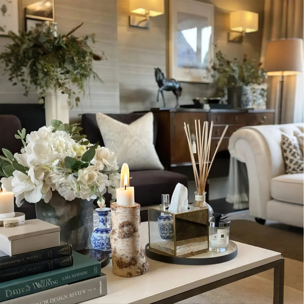 white birch candle holder on the table