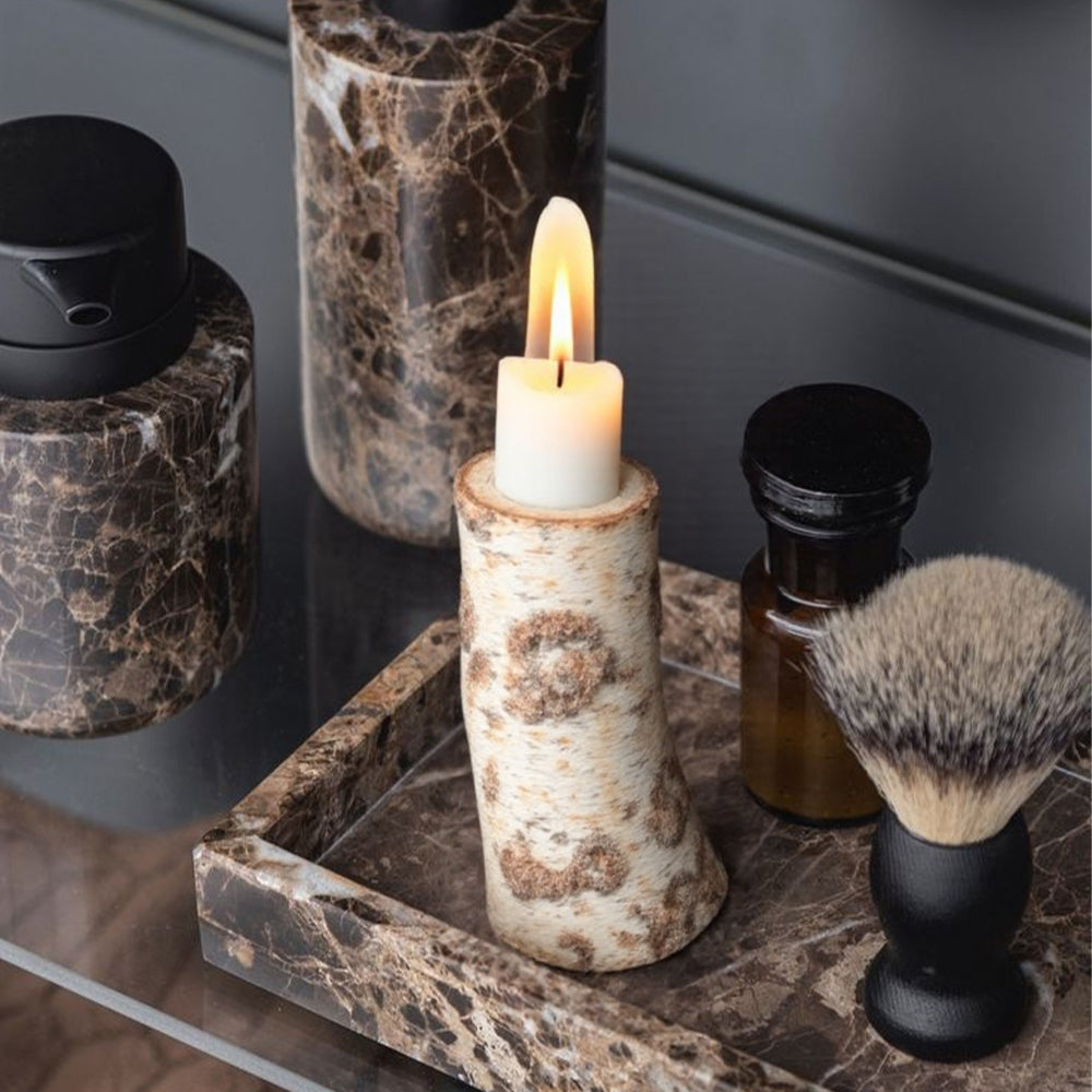 white birch candle holder on the tray