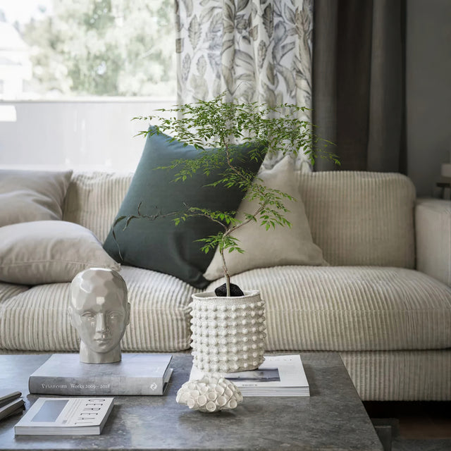 white cement dotted planter in the living room