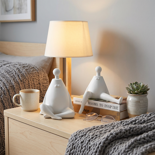 white figurines on nightstand near lamp