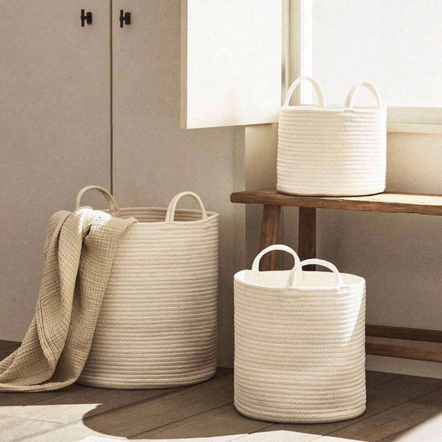 white laundry bakset in the laundry room