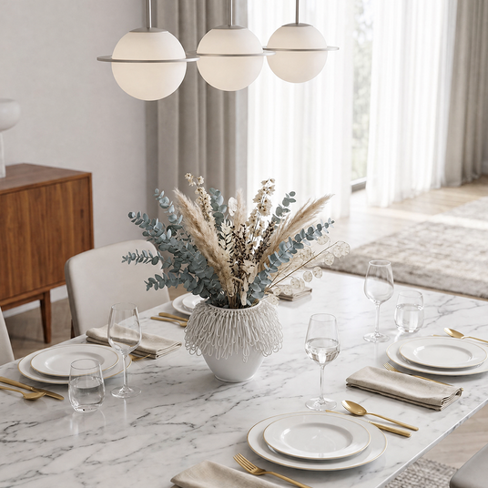 white loop vase with dried flowers on modern dining table