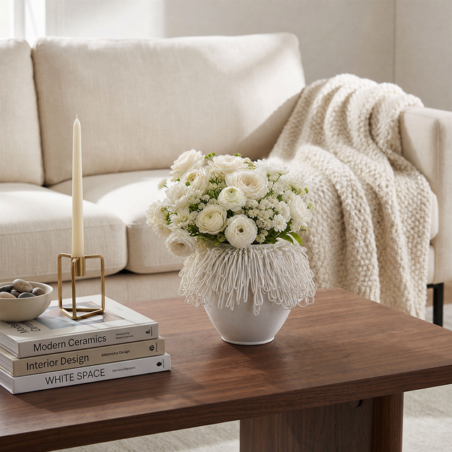 white loop vase with white flowers on coffee table
