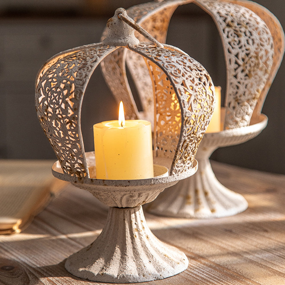 white metal crown hurricane candle holder details