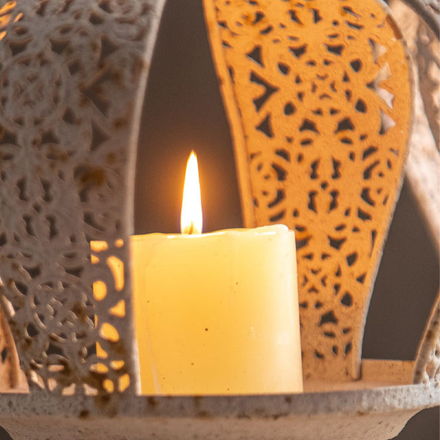 white metal crown hurricane candle holder details