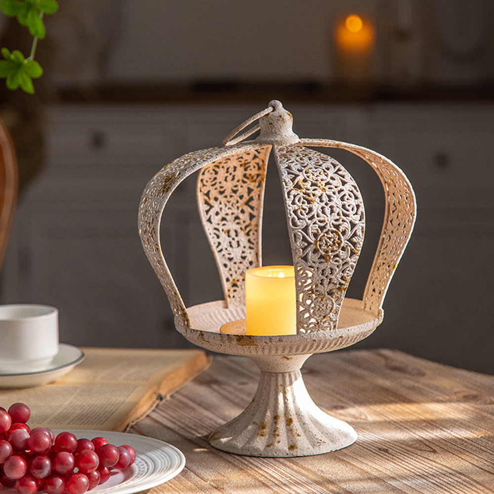 white metal crown hurricane candle holder