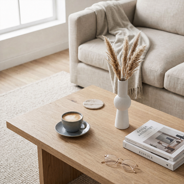 white ribbed vase with pampas on wooden coffee table
