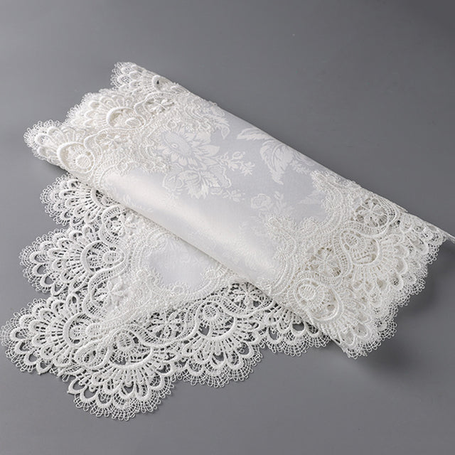 white satin lace table runner details