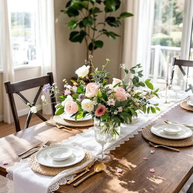 white satin lace table runner on a wood table