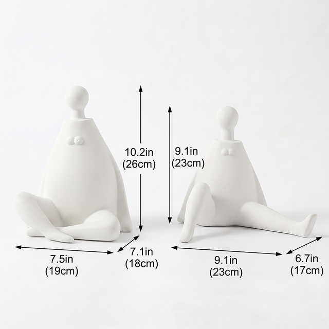 white sitting and stretching figurines size chart
