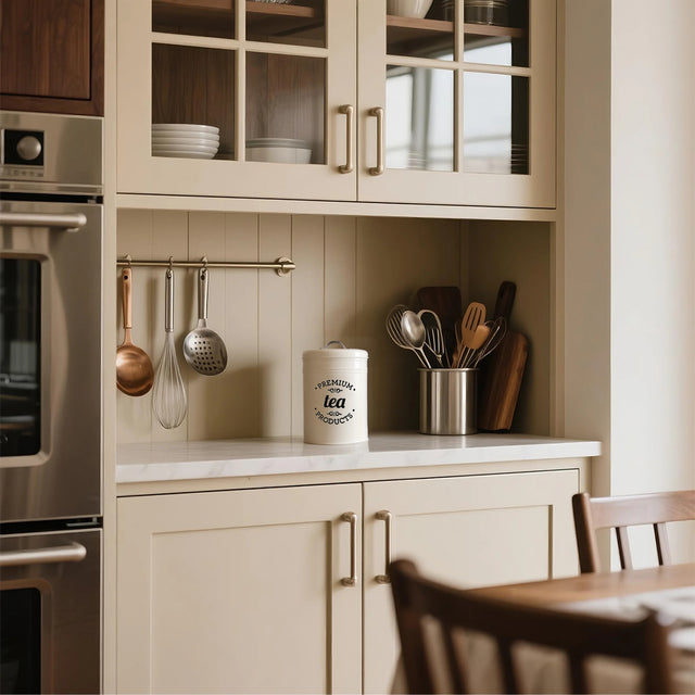 white storage canister above the cabinet