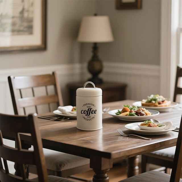 white storage canister on the dinning table